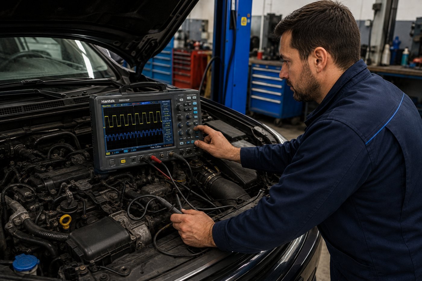 Technicien mesurant des signaux à l'oscilloscope sur un moteur, sondes reliées, véhicule capot ouvert en atelier